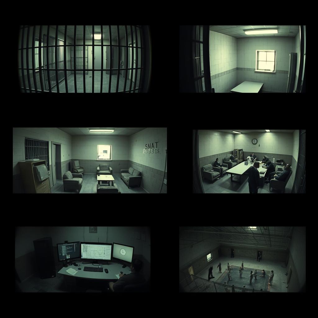 A series of CCTV shots from inside a prison, showcasing the different areas such as a dimly lit cell block with metal bars, a sparsely furnished inmate cell with a small window, a common area with inmates engaging in activities, a guard station monitoring the security feeds, and the prison yard featuring inmates under watch