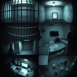 A series of CCTV shots from inside a prison, showcasing the different areas such as a dimly lit cell block with metal bars, a sparsely furnished inmate cell with a small window, a common area with inmates engaging in activities, a guard station monitoring the security feeds, and the prison yard featuring inmates under watch