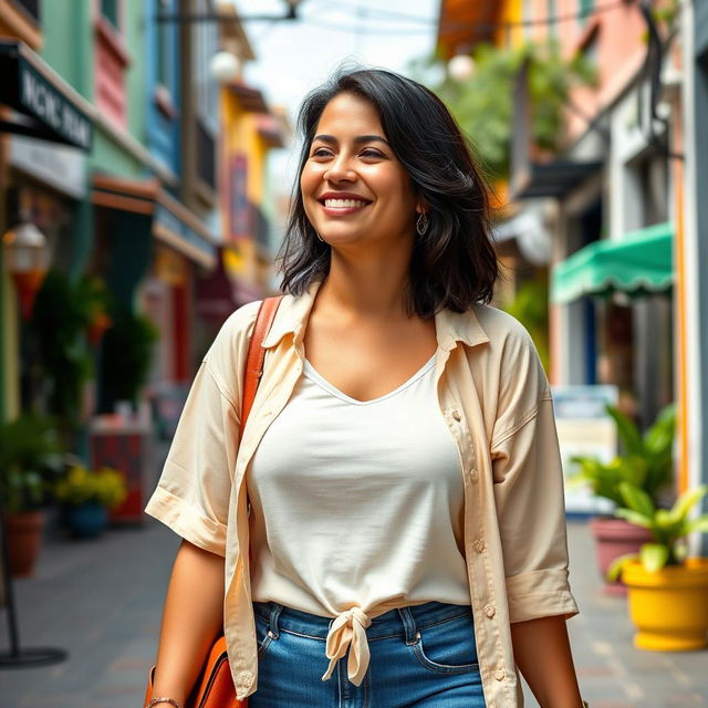 A beautiful Colombian woman, 45 years old, slightly plump with dark hair, dressed in simple yet stylish clothing, walking down a vibrant street for a social media avatar