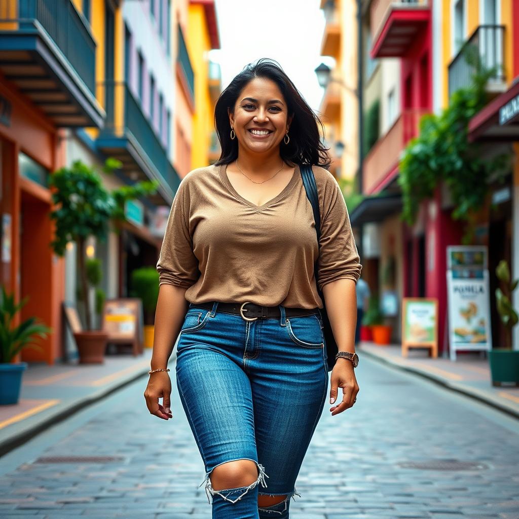 A beautiful Colombian woman, 45 years old, slightly plump with dark hair, dressed in simple yet stylish clothing, walking down a vibrant street for a social media avatar