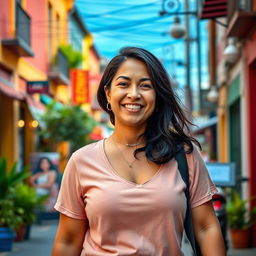 A beautiful Colombian woman, 45 years old, slightly plump with dark hair, dressed in simple yet stylish clothing, walking down a vibrant street for a social media avatar