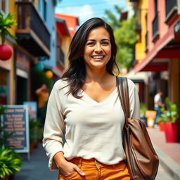 A beautiful Colombian woman, 45 years old, slightly plump with dark hair, dressed in simple yet stylish clothing, walking down a vibrant street for a social media avatar