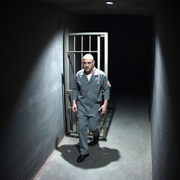 A CCTV shot capturing a bald man exiting a prison cell