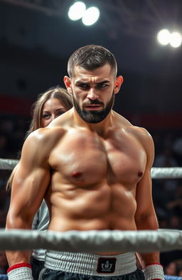 A rugged, determined fighter stands in a boxing ring, showcasing his muscular physique and intense expression, ready for the next match