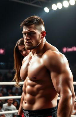 A rugged, determined fighter stands in a boxing ring, showcasing his muscular physique and intense expression, ready for the next match