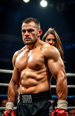 A rugged, determined fighter stands in a boxing ring, showcasing his muscular physique and intense expression, ready for the next match