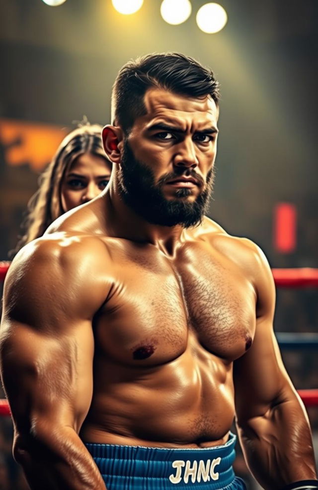 A rugged, determined fighter stands in a boxing ring, showcasing his muscular physique and intense expression, ready for the next match