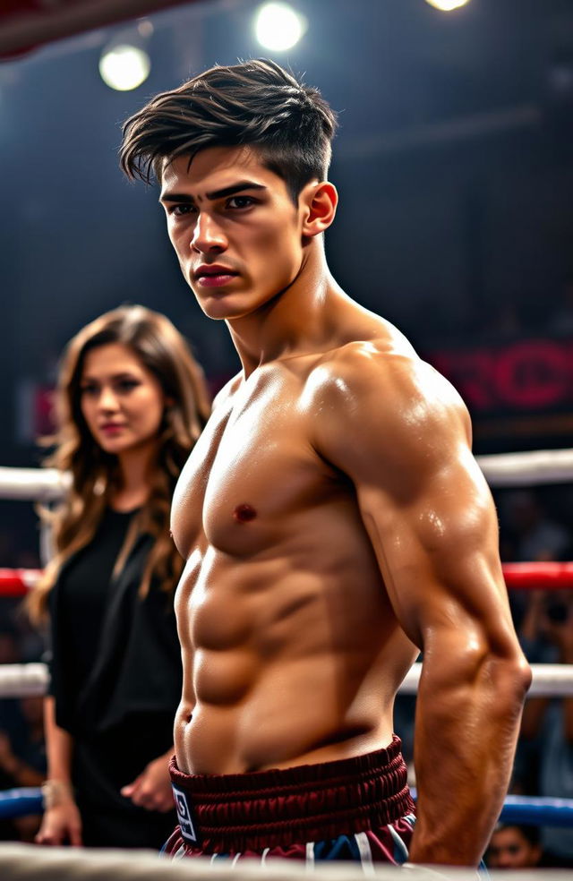 A young, handsome, dark-haired fighter stands confidently in a boxing ring, exuding strength and determination