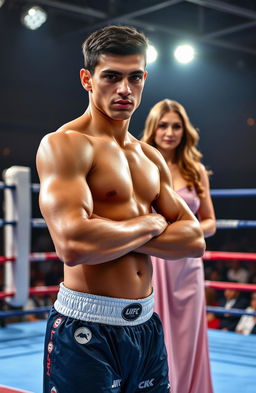 A young, handsome, dark-haired fighter stands confidently in a boxing ring, exuding strength and determination