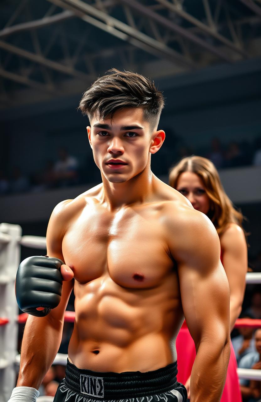 A young, handsome, dark-haired fighter stands confidently in a boxing ring, exuding strength and determination