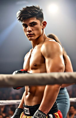A young, handsome, dark-haired fighter stands confidently in a boxing ring, exuding strength and determination