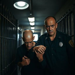 A dramatic CCTV shot depicting a prison guard, wearing a dark uniform, gripping a bald prisoner by the arm while leading him out of a dimly lit prison cell