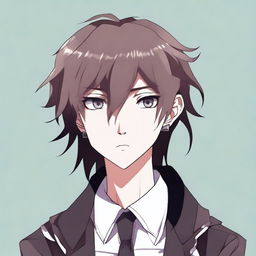 A digital rendition of a tall, edgy, anime-style male teenager with long emo bangs and a massive beard covering his mouth, dressed in schoolboy attire