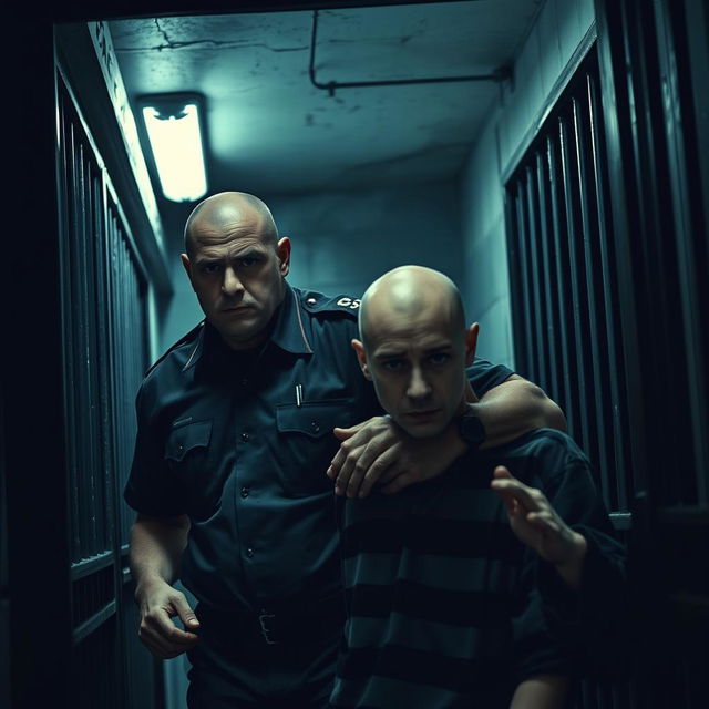 A dramatic CCTV shot depicting a prison guard, wearing a dark uniform, gripping a bald prisoner by the arm while leading him out of a dimly lit prison cell