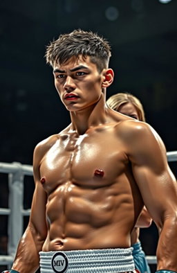 A young dark-haired, handsome fighter stands confidently in a boxing ring, showcasing intense determination and strength
