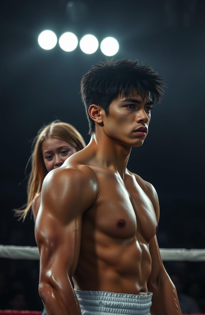 A young dark-haired, handsome fighter stands confidently in a boxing ring, showcasing intense determination and strength