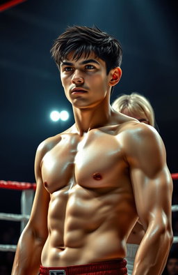 A young dark-haired, handsome fighter stands confidently in a boxing ring, showcasing intense determination and strength