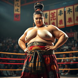 A powerful sumo wrestler female, showcasing strength and traditional attire, standing confidently in a sumo wrestling ring