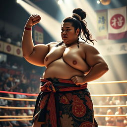 A powerful sumo wrestler female, showcasing strength and traditional attire, standing confidently in a sumo wrestling ring