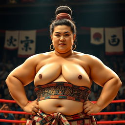 A powerful sumo wrestler female, showcasing strength and traditional attire, standing confidently in a sumo wrestling ring