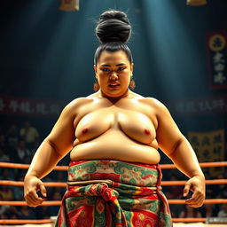 A powerful sumo wrestler female, showcasing strength and traditional attire, standing confidently in a sumo wrestling ring