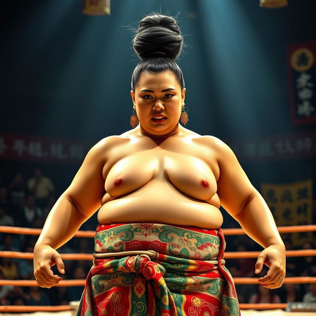 A powerful sumo wrestler female, showcasing strength and traditional attire, standing confidently in a sumo wrestling ring