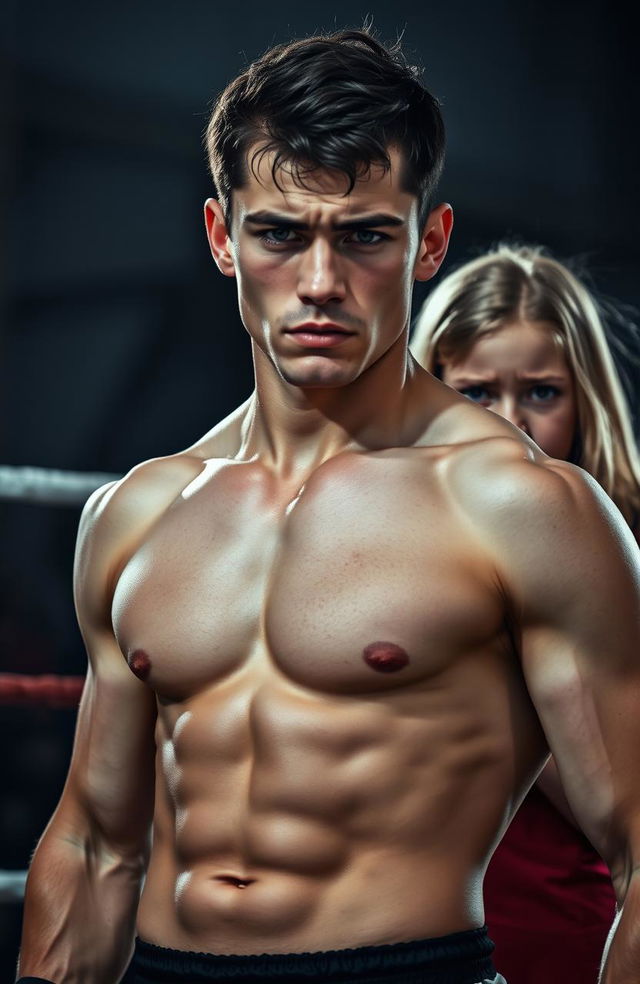 A young, dark-haired, beautiful but fierce Russian fighter stands confidently in a wrestling ring, showcasing his powerful physique and intense expression