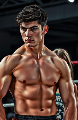 A young, dark-haired, beautiful but fierce Russian fighter stands confidently in a wrestling ring, showcasing his powerful physique and intense expression
