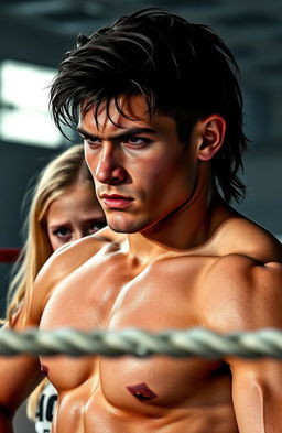 A young, dark-haired, beautiful but fierce Russian fighter stands confidently in a wrestling ring, showcasing his powerful physique and intense expression