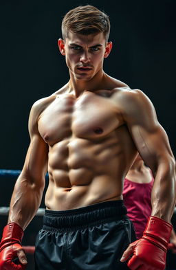A young, dark-haired, beautiful but fierce Russian fighter stands confidently in a wrestling ring, showcasing his powerful physique and intense expression