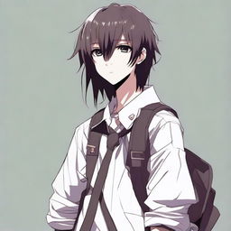 A digital rendition of a tall, edgy, anime-style male teenager with long emo bangs and a massive beard covering his mouth, dressed in schoolboy attire