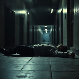 A dramatic CCTV shot depicting a prison cell area with a dimly lit atmosphere