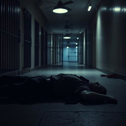 A dramatic CCTV shot depicting a prison cell area with a dimly lit atmosphere