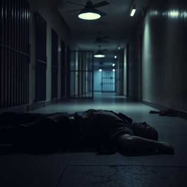 A dramatic CCTV shot depicting a prison cell area with a dimly lit atmosphere