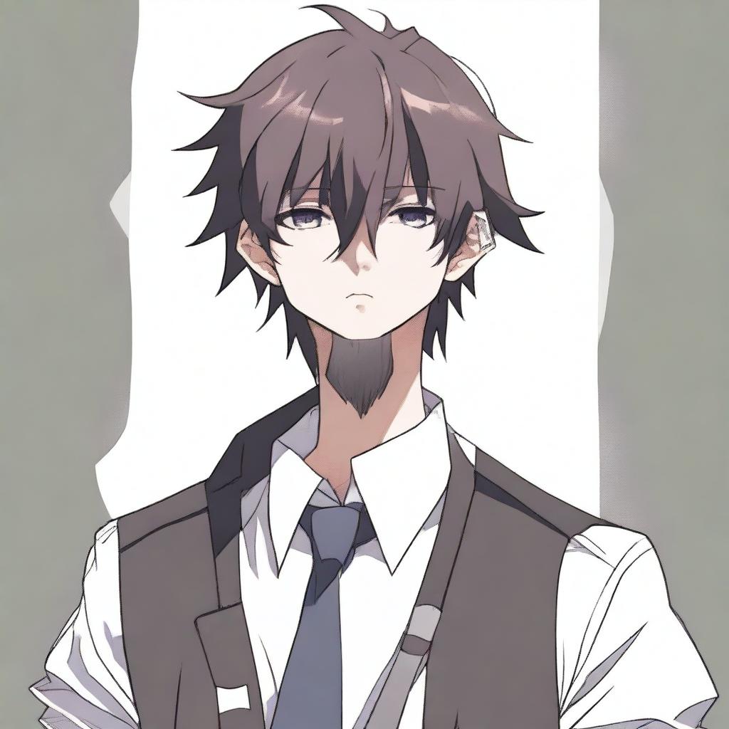 A digital depiction of a towering, edgy, anime-style male teenager dressed in schoolboy clothes with sweeping emo bangs and an exceptionally enormous beard covering his mouth