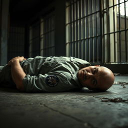 A dramatic and tense scene depicting a bald prison guard lying on the floor in a prison environment, wearing a standard prison guard uniform