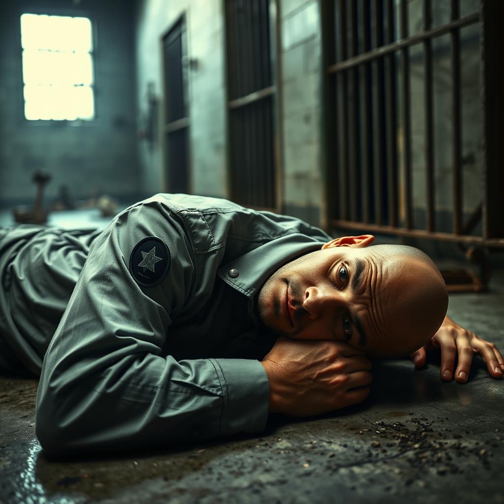 A dramatic and tense scene depicting a bald prison guard lying on the floor in a prison environment, wearing a standard prison guard uniform