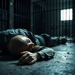A dramatic and tense scene depicting a bald prison guard lying on the floor in a prison environment, wearing a standard prison guard uniform