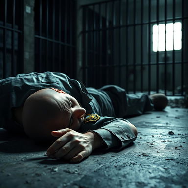 A dramatic and tense scene depicting a bald prison guard lying on the floor in a prison environment, wearing a standard prison guard uniform