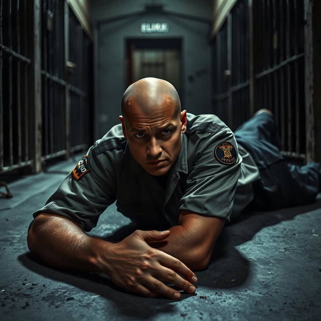 A dramatic and tense scene depicting a bald prison guard lying on the floor in a prison environment, wearing a standard prison guard uniform