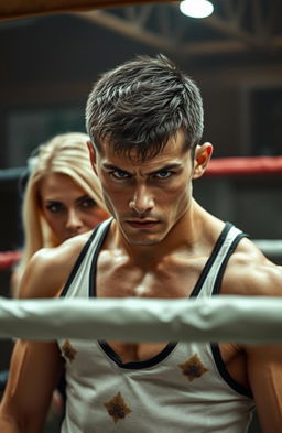 A young Russian man with dark short hair, extremely handsome, and looking fierce stands in a boxing ring