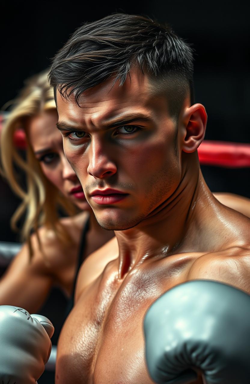 A young Russian man with dark short hair, extremely handsome, and looking fierce stands in a boxing ring