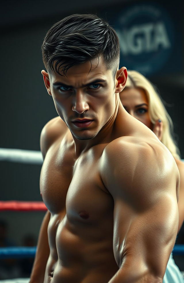 A young Russian man with dark short hair, extremely handsome, and looking fierce stands in a boxing ring