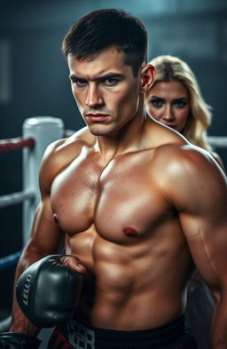 A young Russian man with dark short hair, extremely handsome, and looking fierce stands in a boxing ring