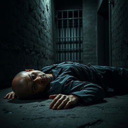 A stark and dramatic scene depicting a bald prison guard lying on the floor in a dimly lit prison environment