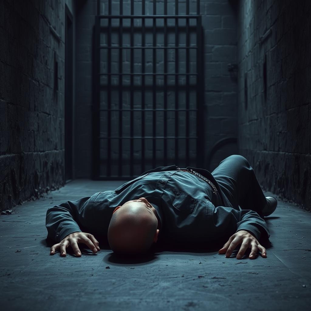 A stark and dramatic scene depicting a bald prison guard lying on the floor in a dimly lit prison environment