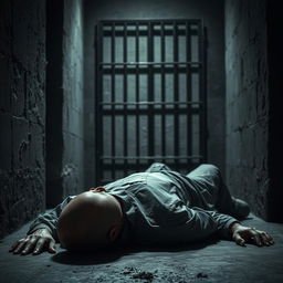 A stark and dramatic scene depicting a bald prison guard lying on the floor in a dimly lit prison environment