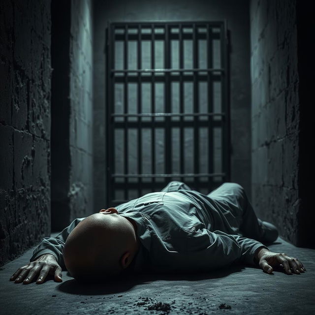 A stark and dramatic scene depicting a bald prison guard lying on the floor in a dimly lit prison environment