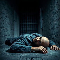 A stark and dramatic scene depicting a bald prison guard lying on the floor in a dimly lit prison environment