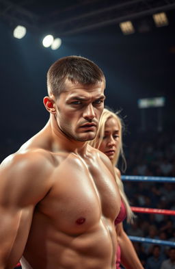 A young Russian fighter with short, dark hair and striking features stands in a wrestling ring, his expression fierce and intense